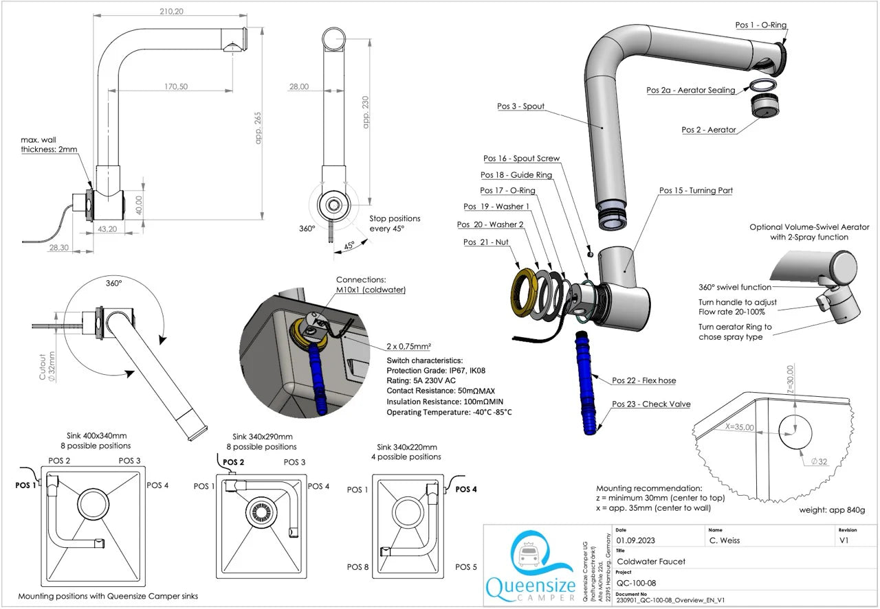 Retractable Cold Water Mixer Tap 'Dark Edition' with integrated switch