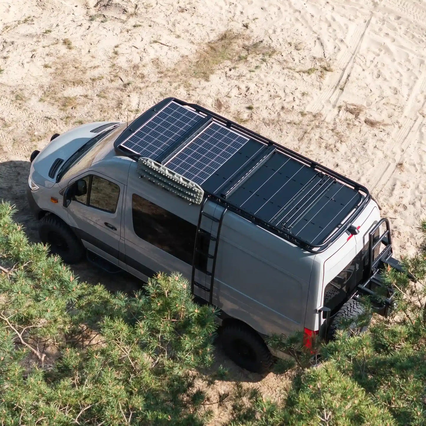Dutchvanparts Camp 2 Roof Rack with solar panels and roof decking